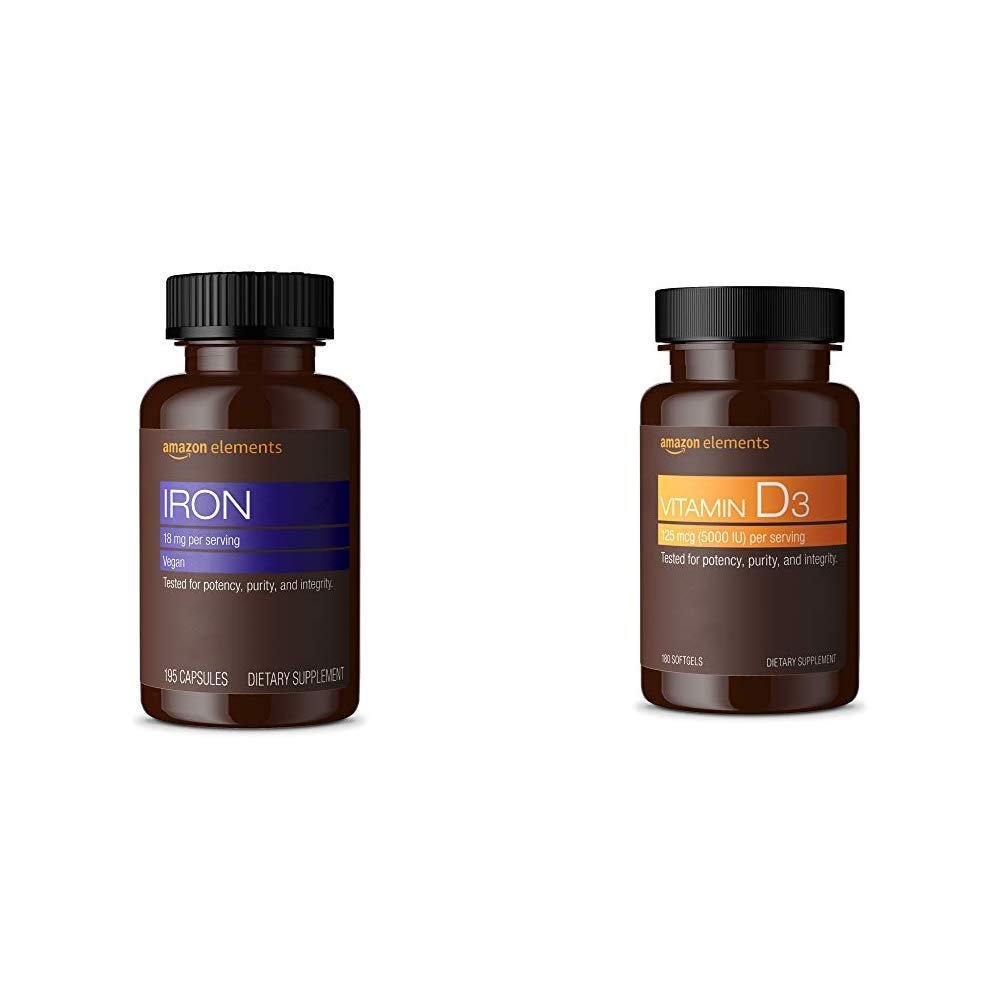 Amazon Elements Iron 18mg, Vegan, 195 Capsules, 6 Month Supply & Vitamin D3, 5000 IU, 180 Softgels, 