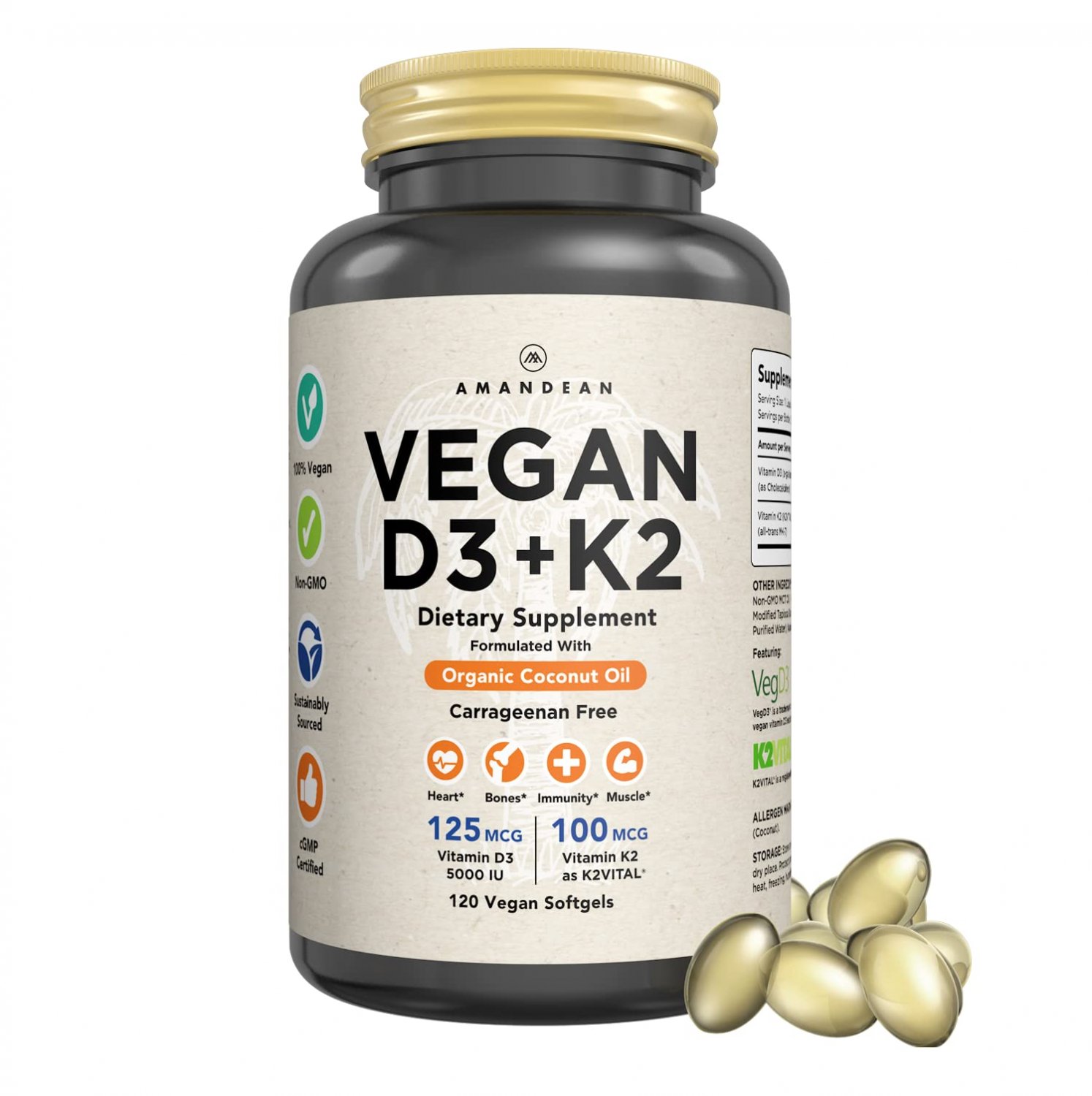 Premium Vegan D3 K2. 5000 iu Vitamin D from Algae. 100mcg All-Trans MK7 Vit K. 120 Plant-Based Carra