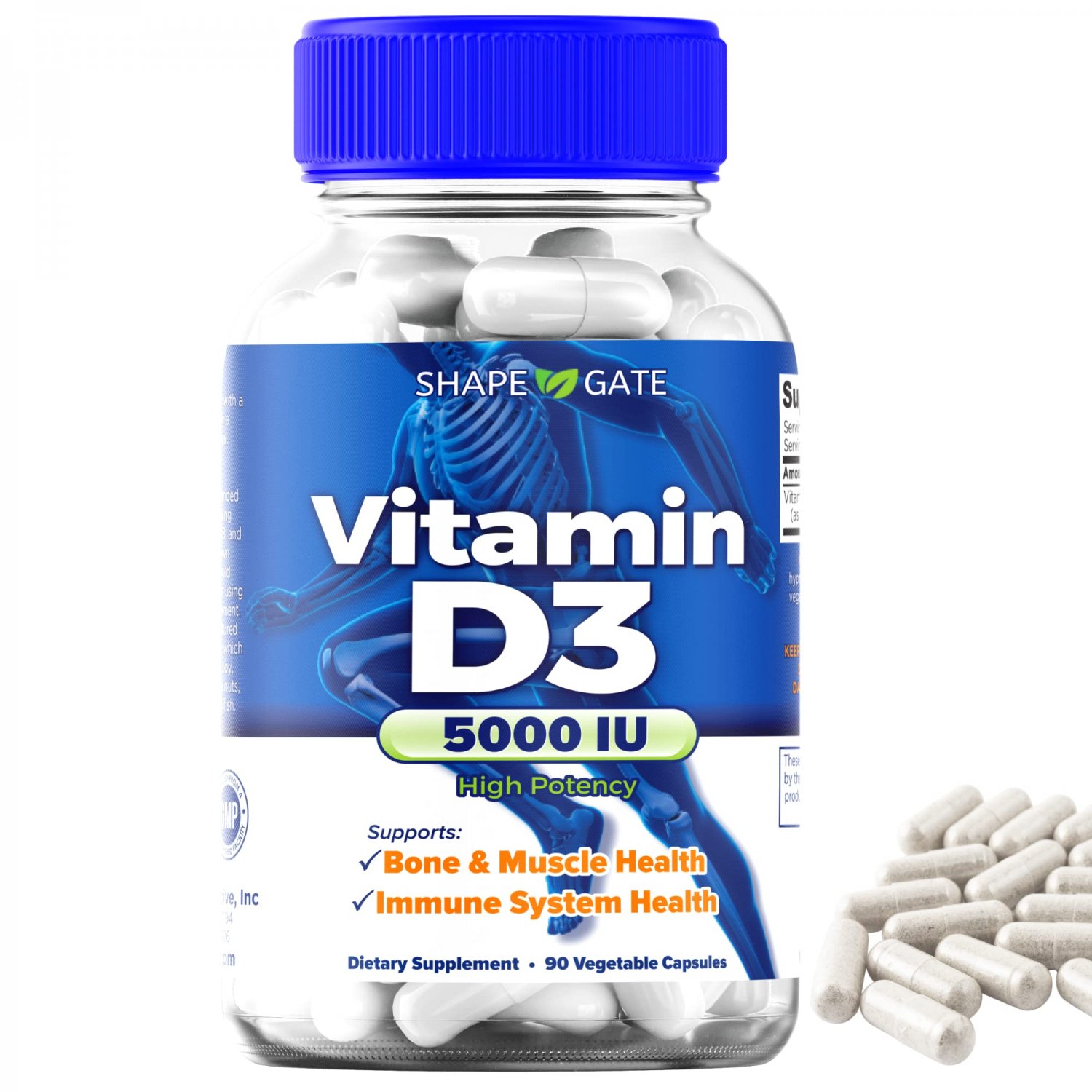 ShapeGate Vitamin D3 5000iu (125 mcg) - Extra Strength Vitamin D Capsules - Helps Support Immune Hea