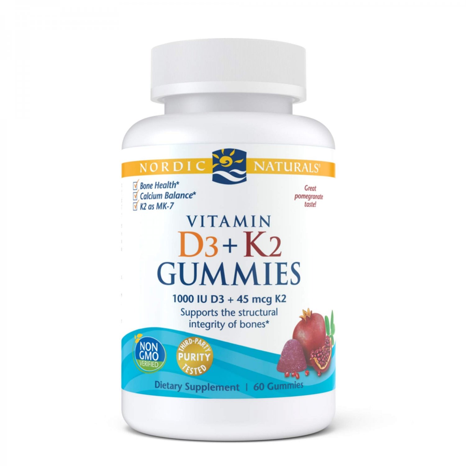 Nordic Naturals Vitamin D3 + K2 Gummies, Pomegranate - 1000 IU Vitamin D3 + 45 mcg Vitamin K2-60 Gum
