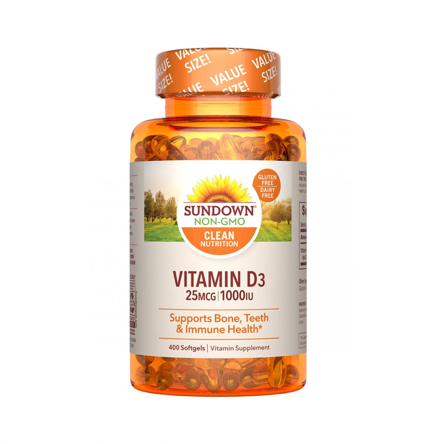 Sundown Vitamin D3 for Immune Support, Non-GMO, Dairy-Free, Gluten-Free, No Artificial Flavors, 25mc