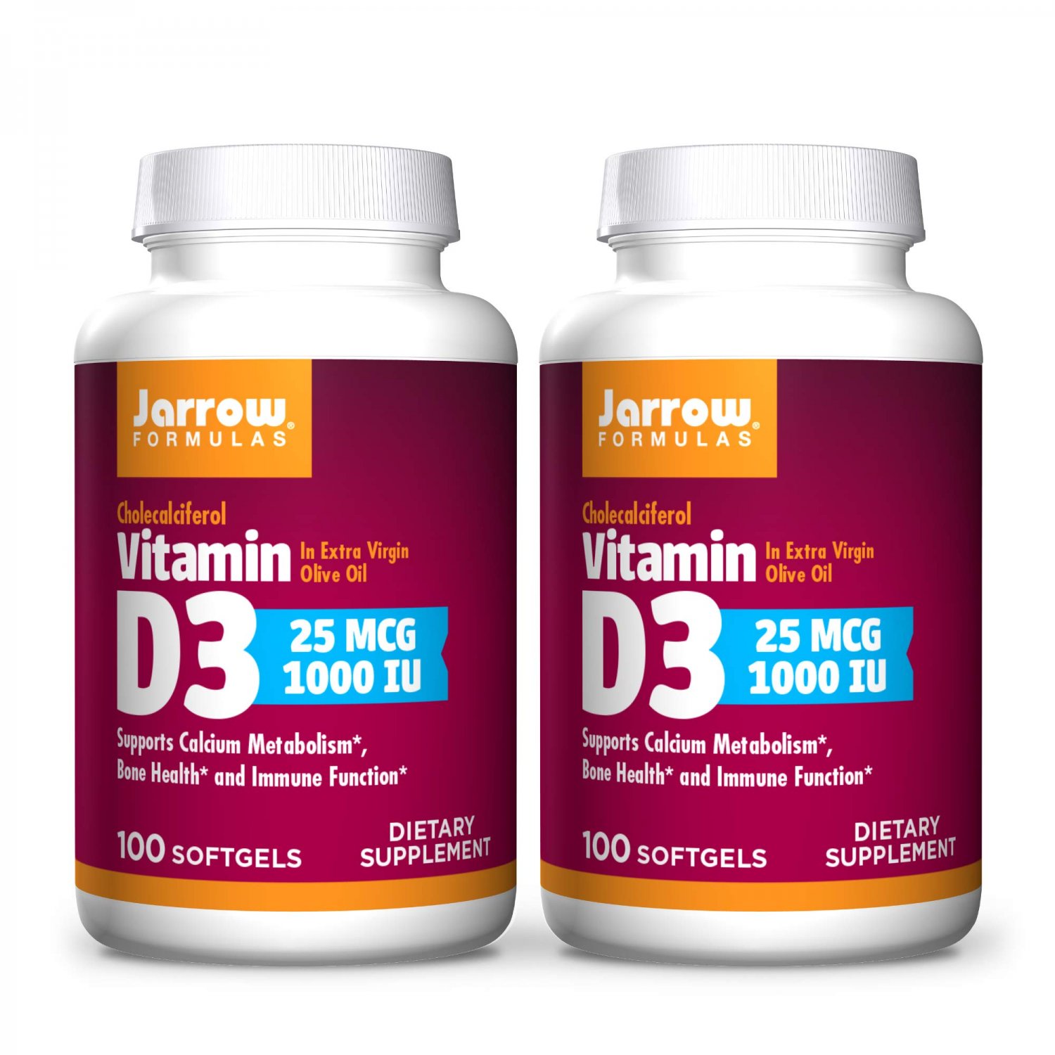 Jarrow Formulas Vitamin D3 1000 IU - 100 Softgels, Pack of 2 - Bone Health, Immune Function & Calciu
