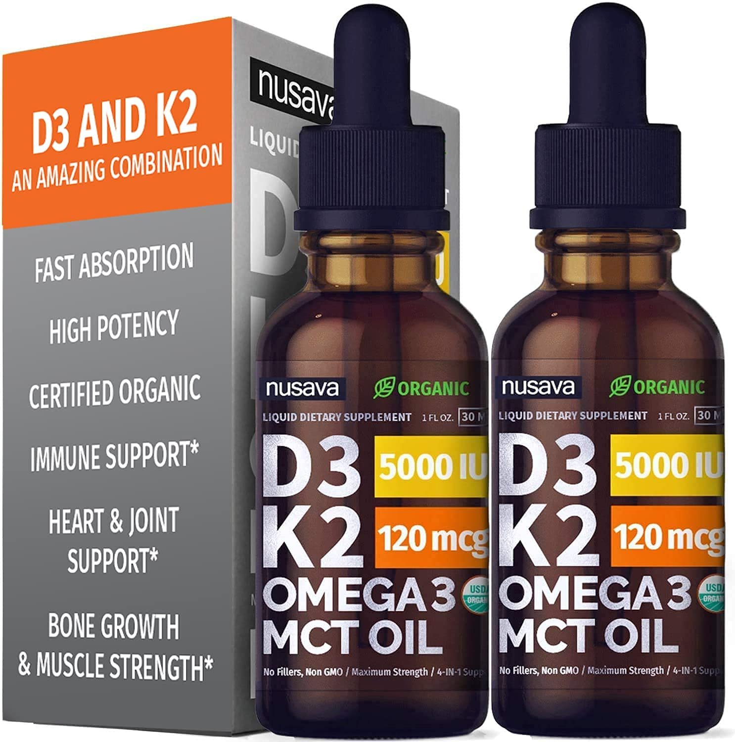 (2 Pack) Organic Vitamin D3 K2 Drops w MCT Oil Omega 3, 5000 IU, Maximum Strength Vitamin D Liquid 5