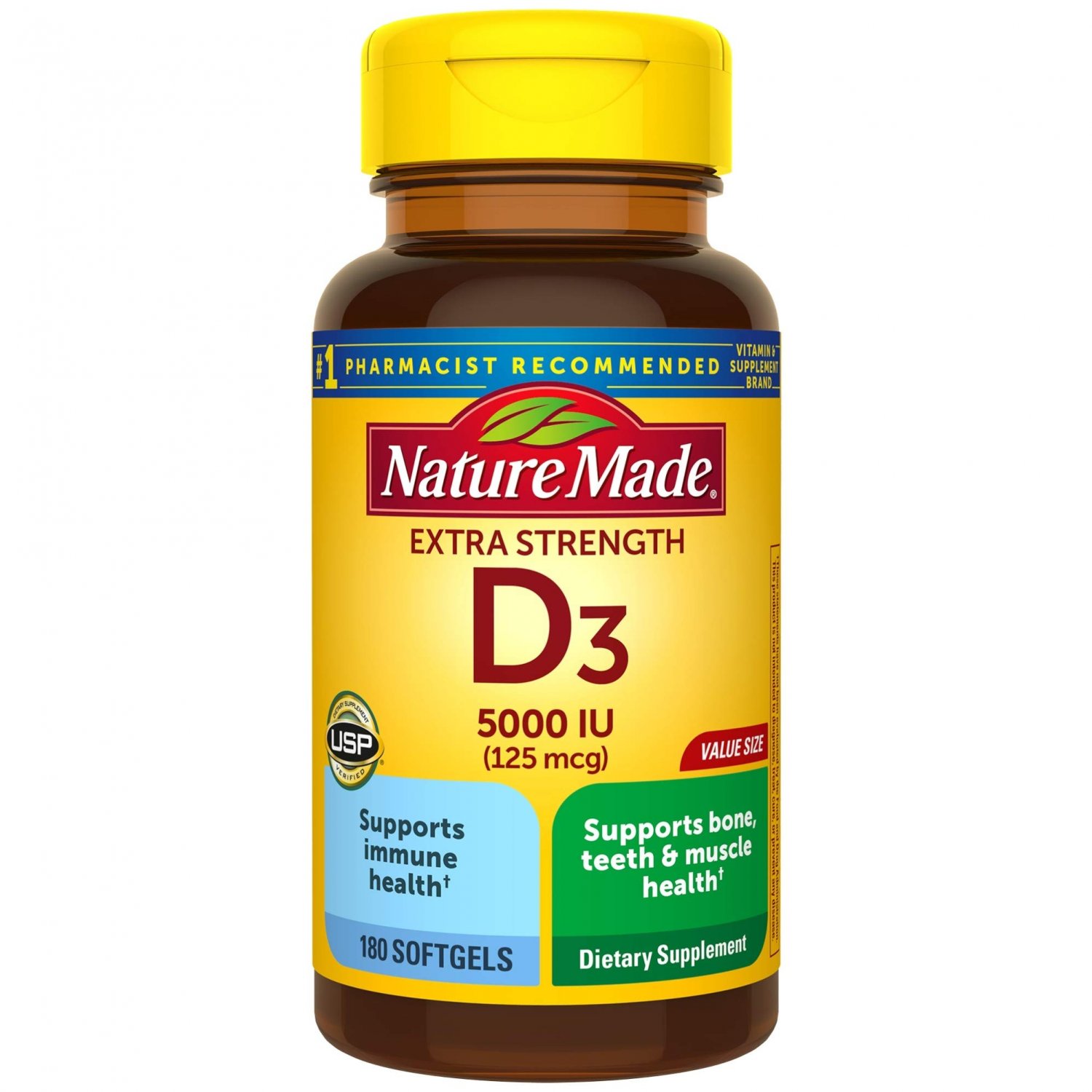 Nature Made Extra Strength Vitamin D3 5000 IU (125 mcg), Dietary Supplement for Immune Support, 180 