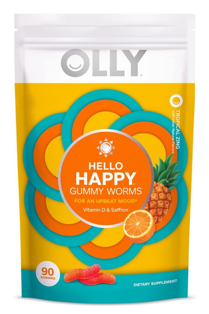 OLLY Hello Happy Gummy Worms, Vitamin D, Saffron, Mood Balance Support, Adult Chewable Supplement, T