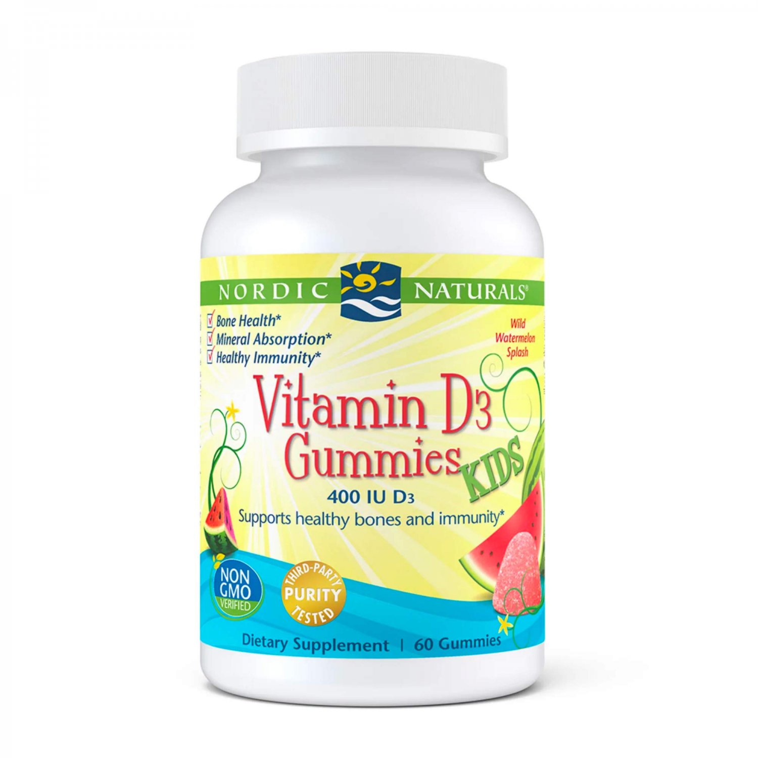 Nordic Naturals Vitamin D3 Gummies Kids, Wild Watermelon Splash - 60 Gummies - 400 IU Vitamin D3 - B