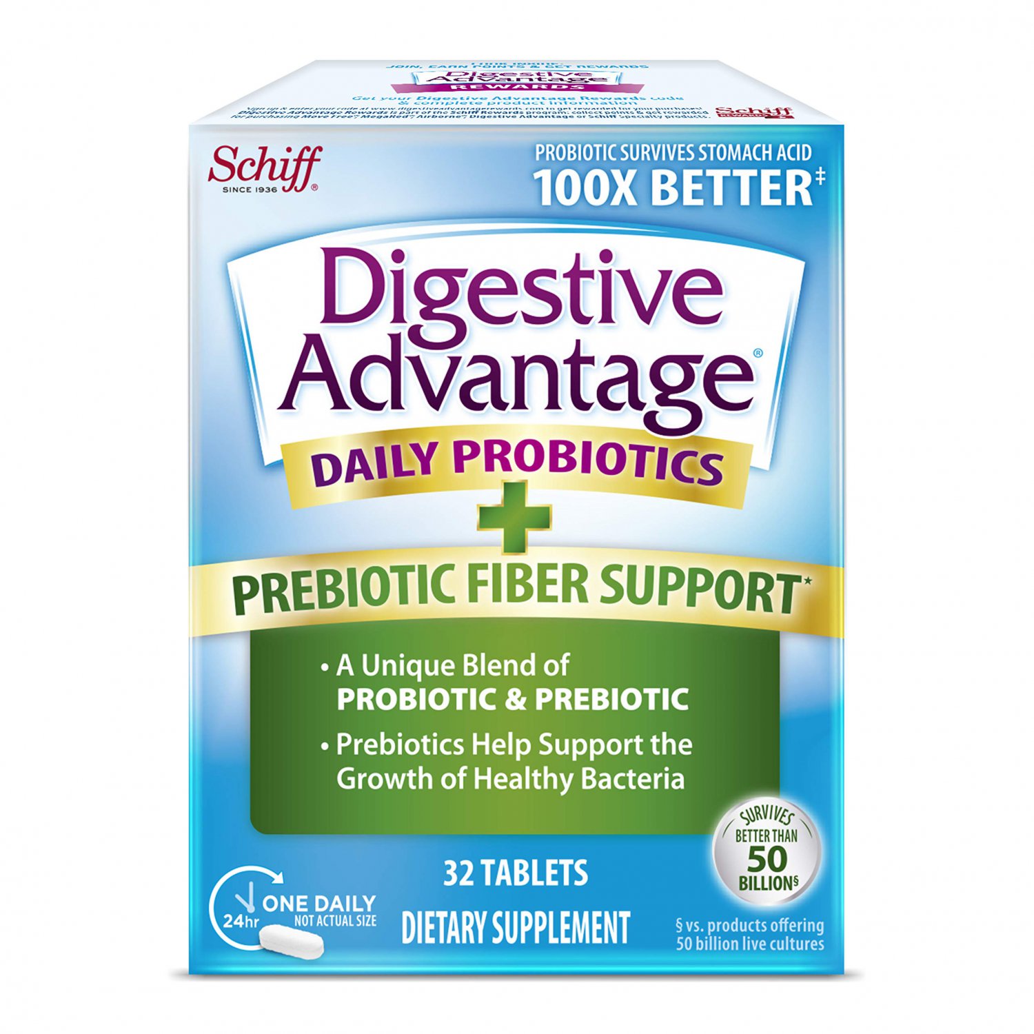 Digestive Advantage Prebiotic Fiber Plus Probiotic Tablets (32 Count In A Box), Helps Support The Gr