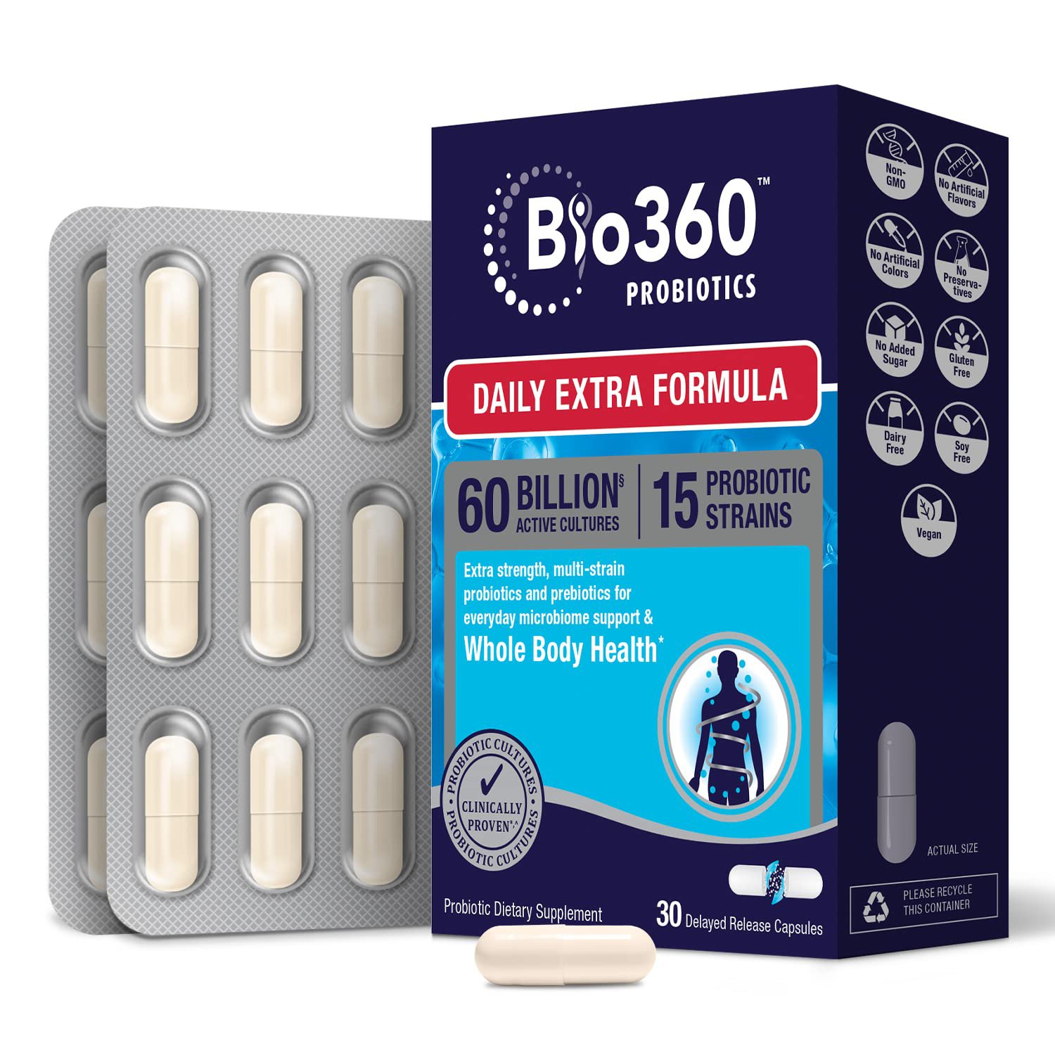 Bio360 Probiotic Daily Extra Formula | Vegan Prebiotics and Probiotics for Women & Men | 60 Billion 