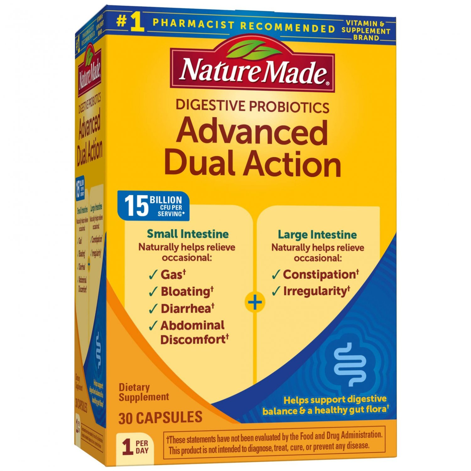 Nature Made Advanced Dual Action Probiotics 15 Billion CFU Per Serving, 30 Capsules, for Gas, Bloati