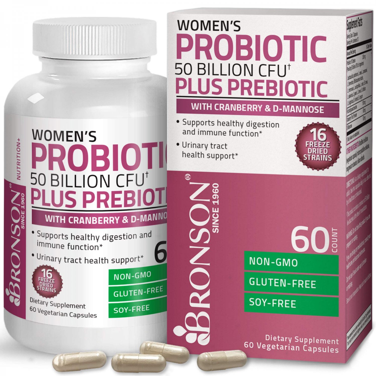 Bronson Women's Probiotic 50 Billion CFU + Prebiotic with Cranberry & D-Mannose ? Vaginal Health, He