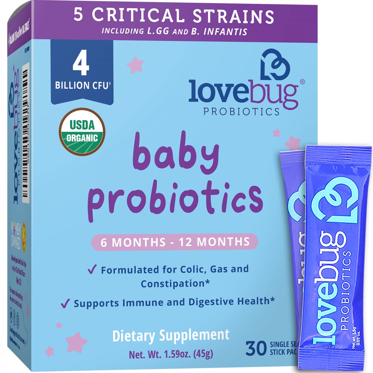 Lovebug Award Winning USDA Organic Probiotic for Babies | Multi-Strain 4 Billion CFU | Easy-to-Take