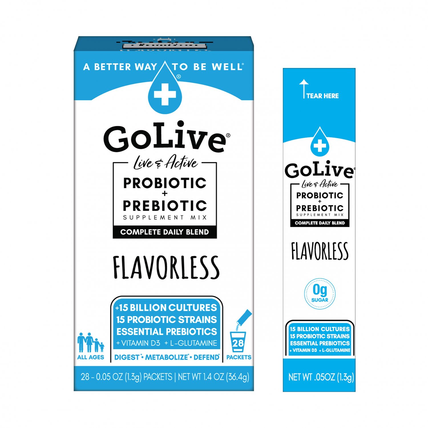 GoLive FLAVORLESS/SUGARLESS Synbiotic (Probiotics + Prebiotics) for Adults & Kids; +15 Billion CFUs;