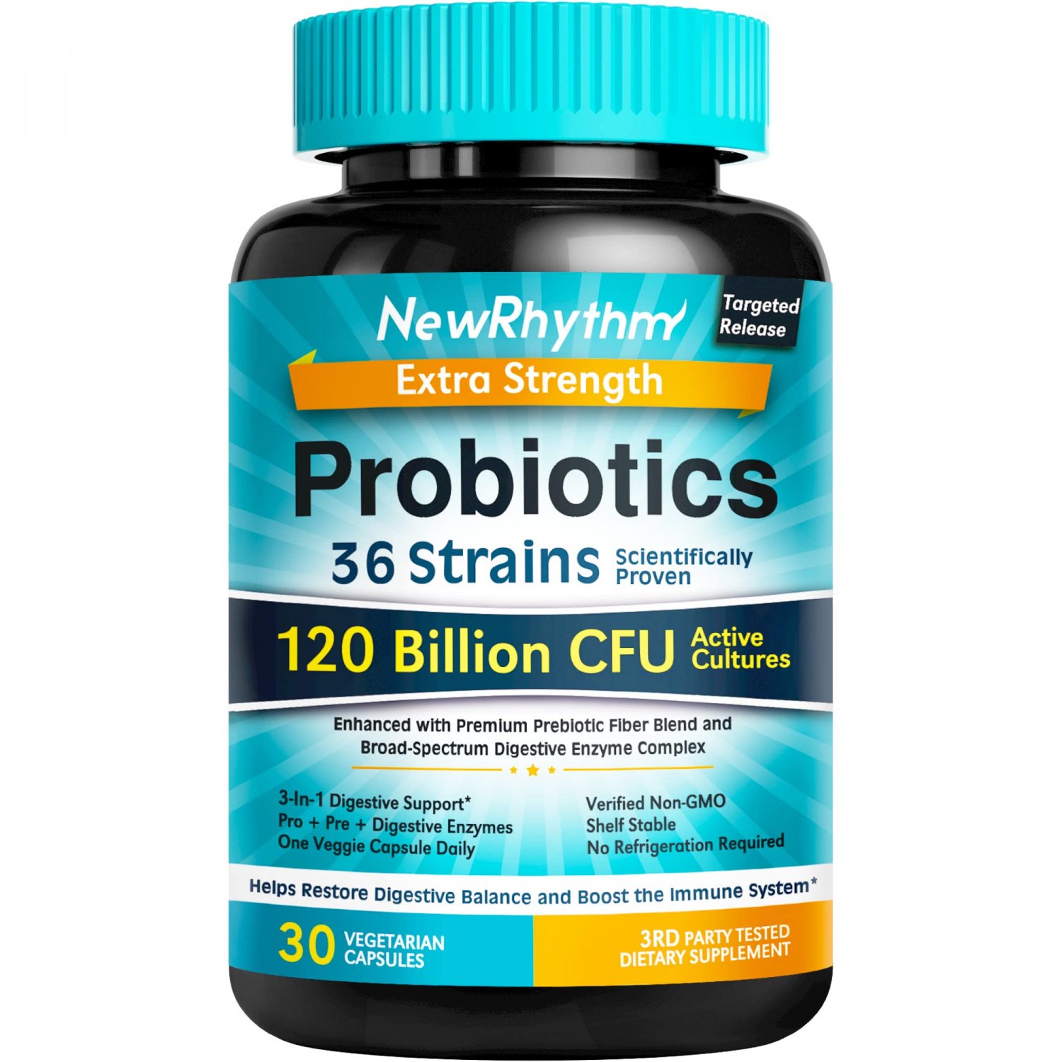 NewRhythm Extra Strength Probiotics 120 Billion CFU 36 Strains, 3-in-1 ...