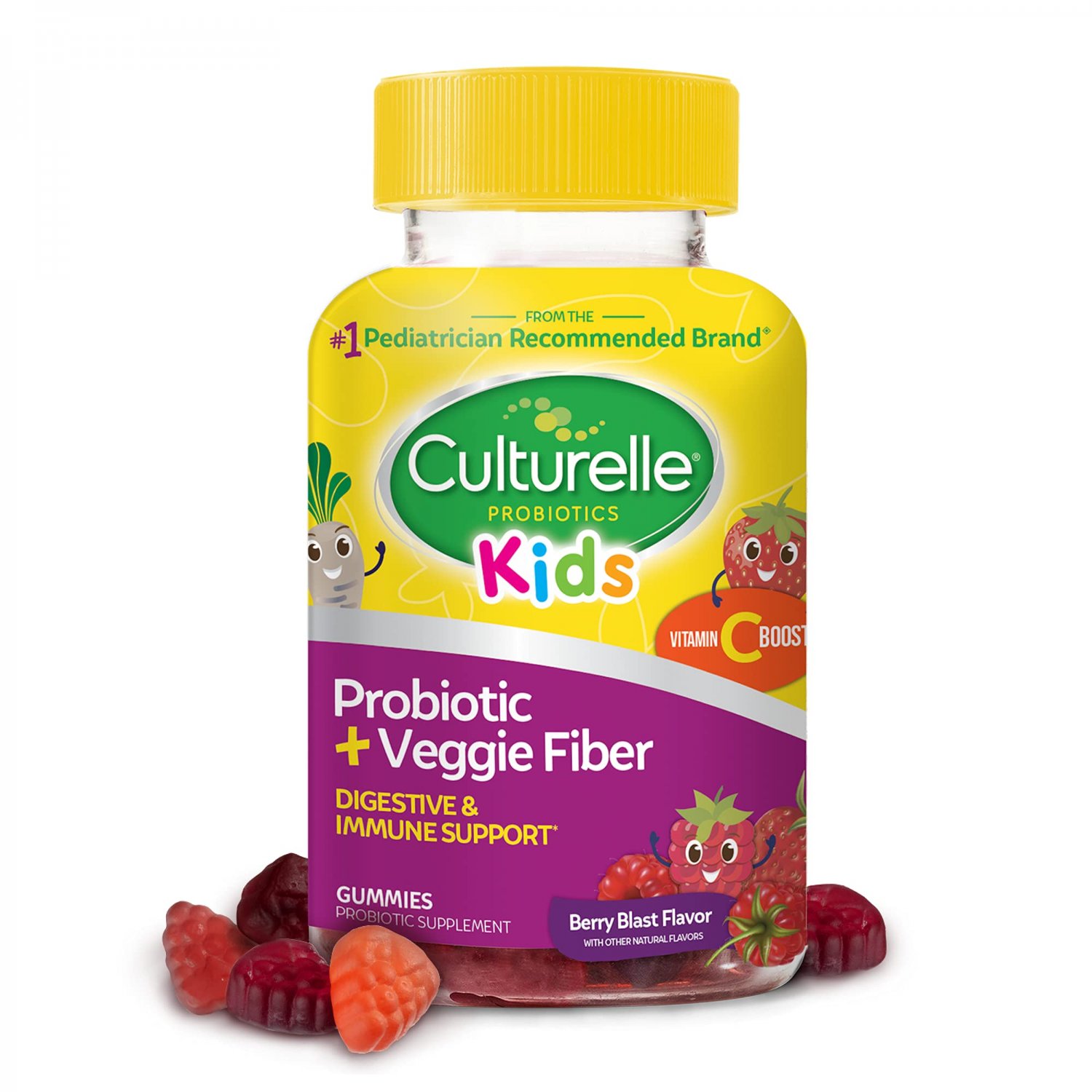 Culturelle Kids Daily Probiotic + Veggie Fiber Gummies , Prebiotic + Probiotic with Vitamin C Boost,