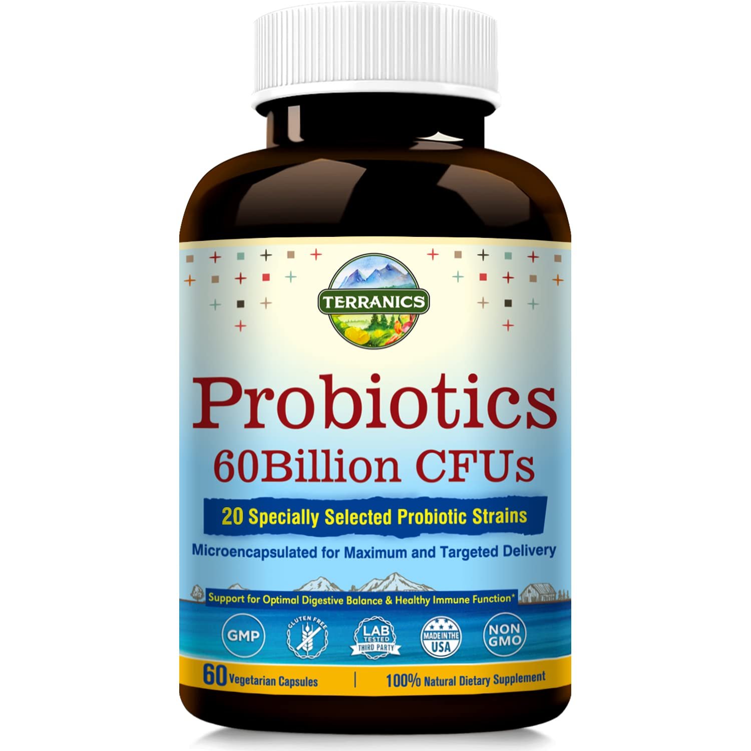 Terranics Probiotics with Prebiotics, 60 Billion CFU, 19 Strains, 60 Vegetarian Capsules, Acid & Bil