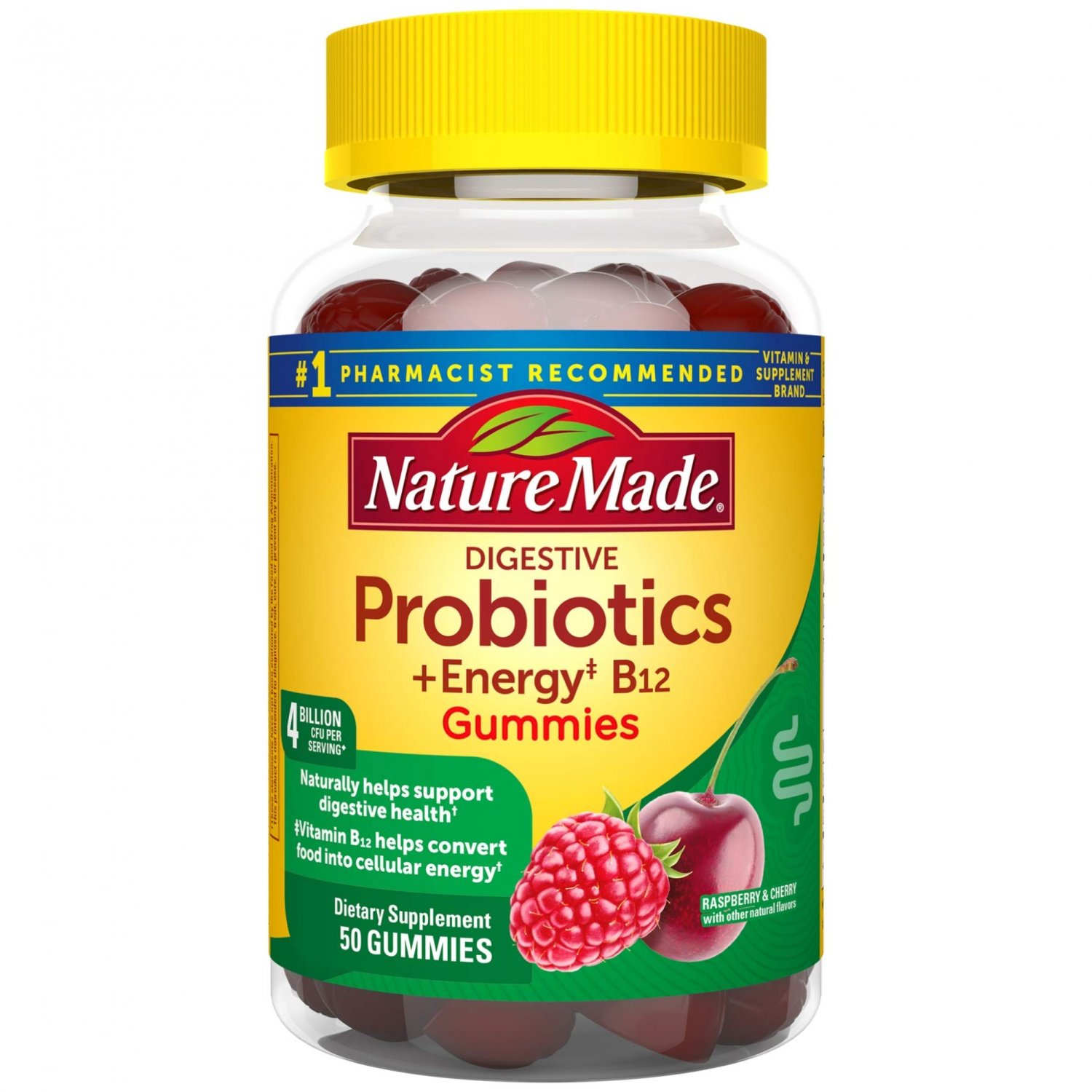 Nature Made Digestive Probiotics and Energy B12 Gummies 4 Billion CFU per Serving, 50 Gummies, to Su
