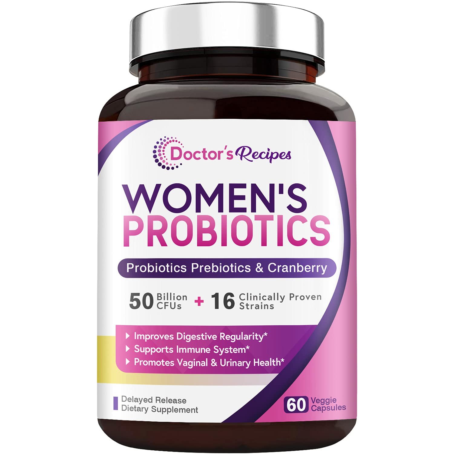 Doctor's Recipes Women&acirc;��s Probiotic, 60 Caps 50 Billion CFU 16 Strains, with Organic Prebiotics Cra