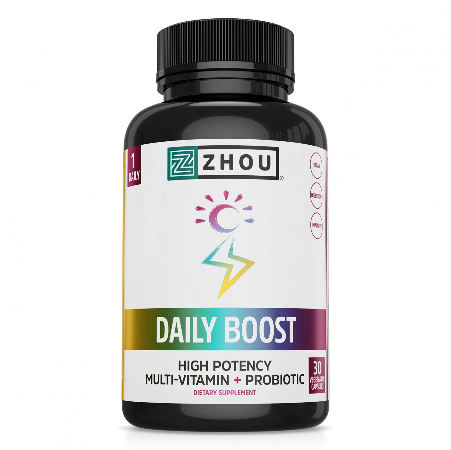 Zhou Nutrition Daily Boost Multivitamin with Probiotic, Zinc, Vitamin C, D3, B Complex for Immune Su