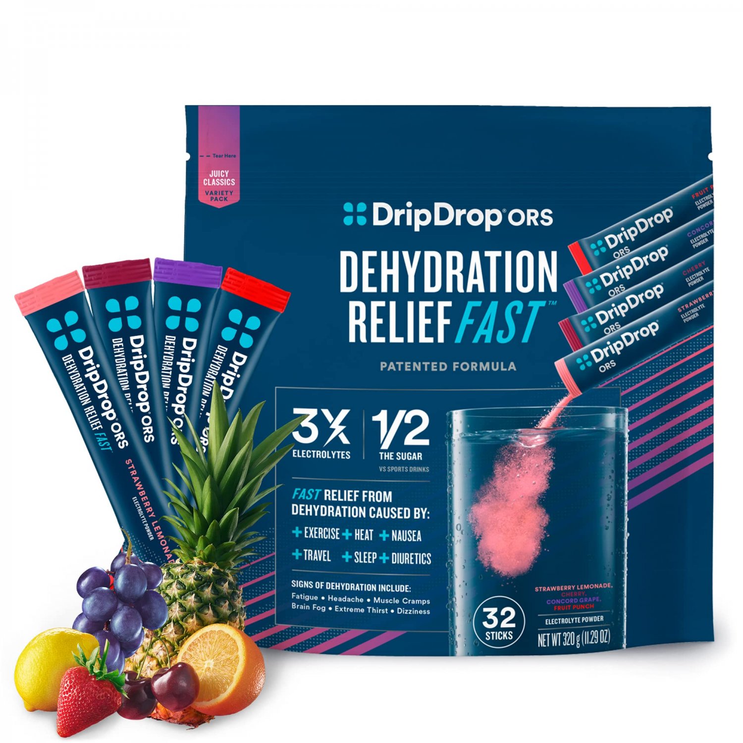 DripDrop ORS Hydration - Electrolyte Powder Packets - Grape, Fruit Punch, Strawberry Lemonade, Cherr