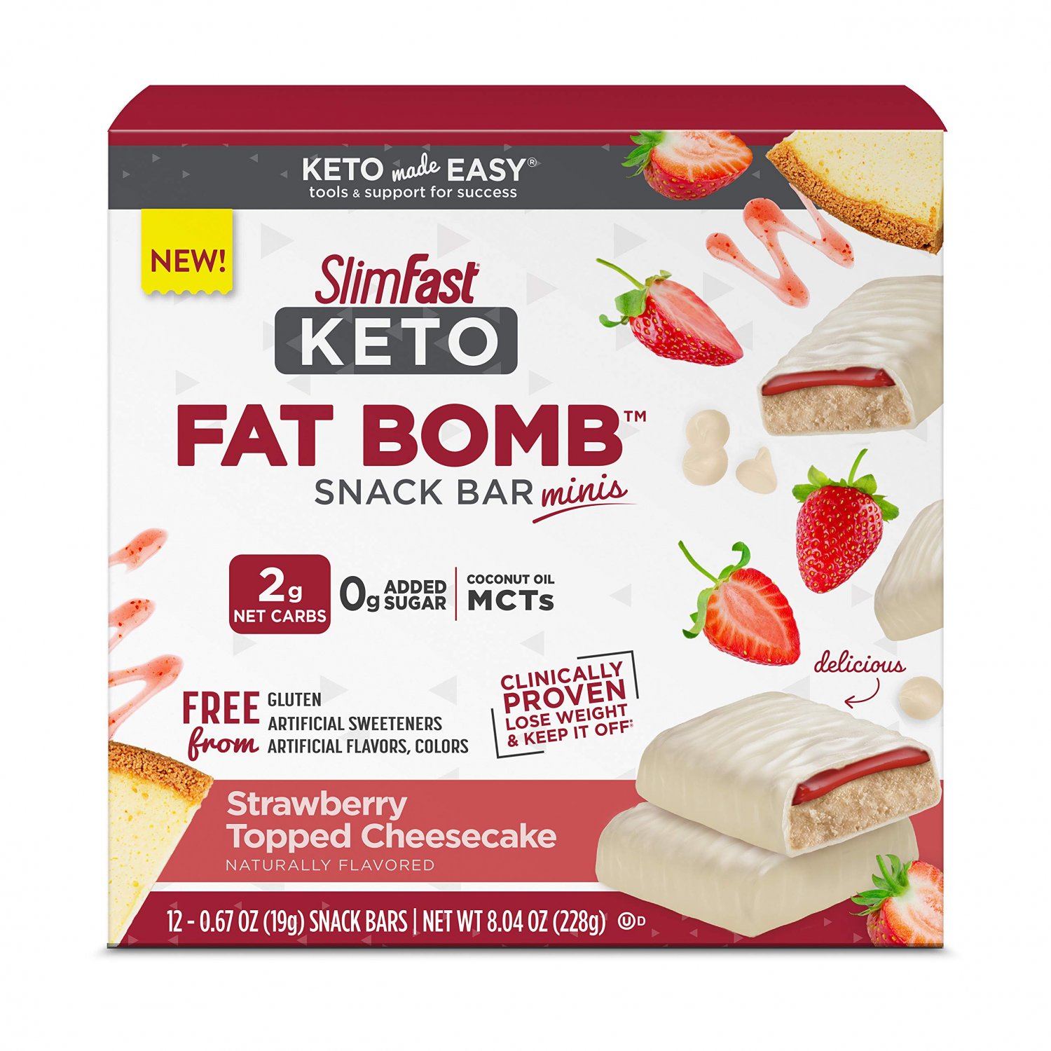SlimFast Keto Fat Bomb Snack Bar Minis, Strawberry Topped Cheesecake, Keto Snacks for Weight Loss, L
