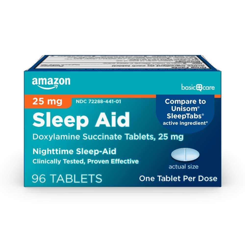 Amazon Basic Care Sleep Aid Tablets, Doxylamine Succinate Tablets, 25 mg, Nighttime Sleep Aid to Hel