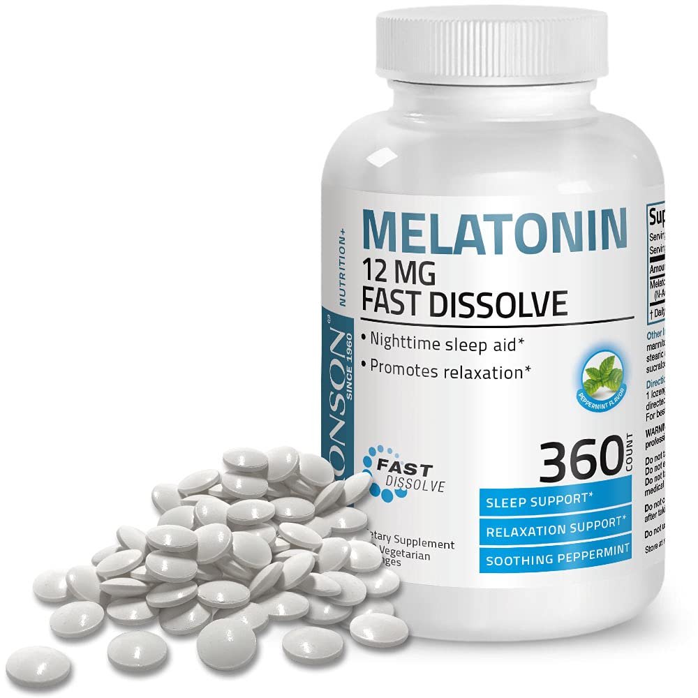 Bronson Melatonin 12mg Fast Dissolve Nighttime Sleep Aid Support & Relaxation Support, 360 Peppermin