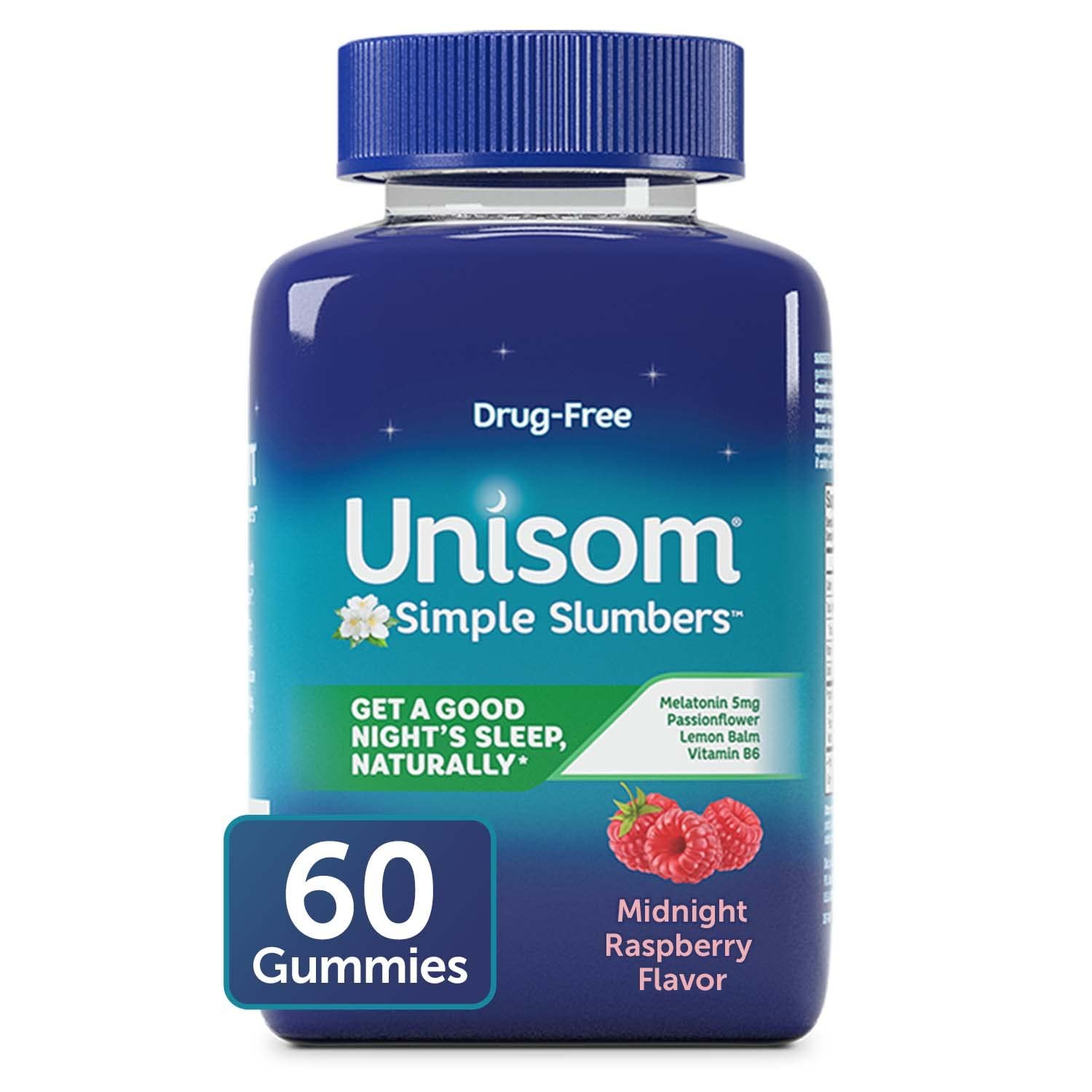 Unisom Simple Slumbers Drug Free Sleep Aid Gummies Melatonin 5mg Midnight Raspberry, Purple, 60 Coun
