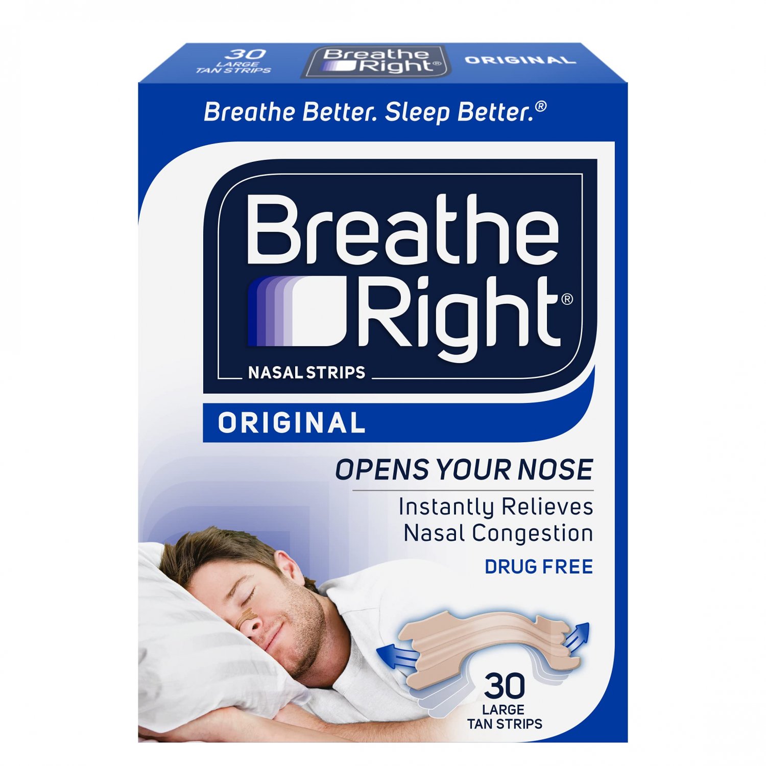 Breathe Right Original Nose Strips to Reduce Snoring and Relieve Nose Congestion, Tan, 30 Count (Pac