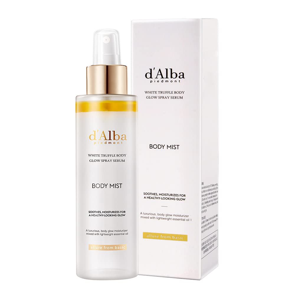 Dalba white truffle body glow spray serum, all-in-one body moisturizer, hydrating with a light finis