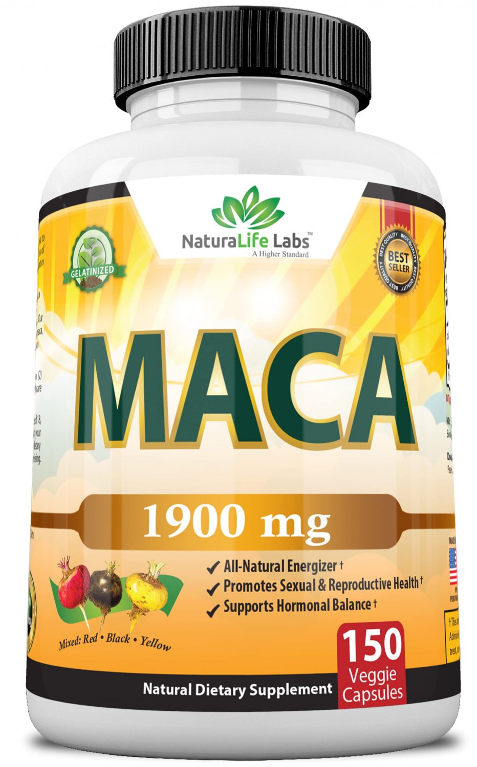 Organic Maca Root Black, Red, Yellow 1900 MG per Serving - 150 Vegan Capsules Peruvian Maca Root Gel