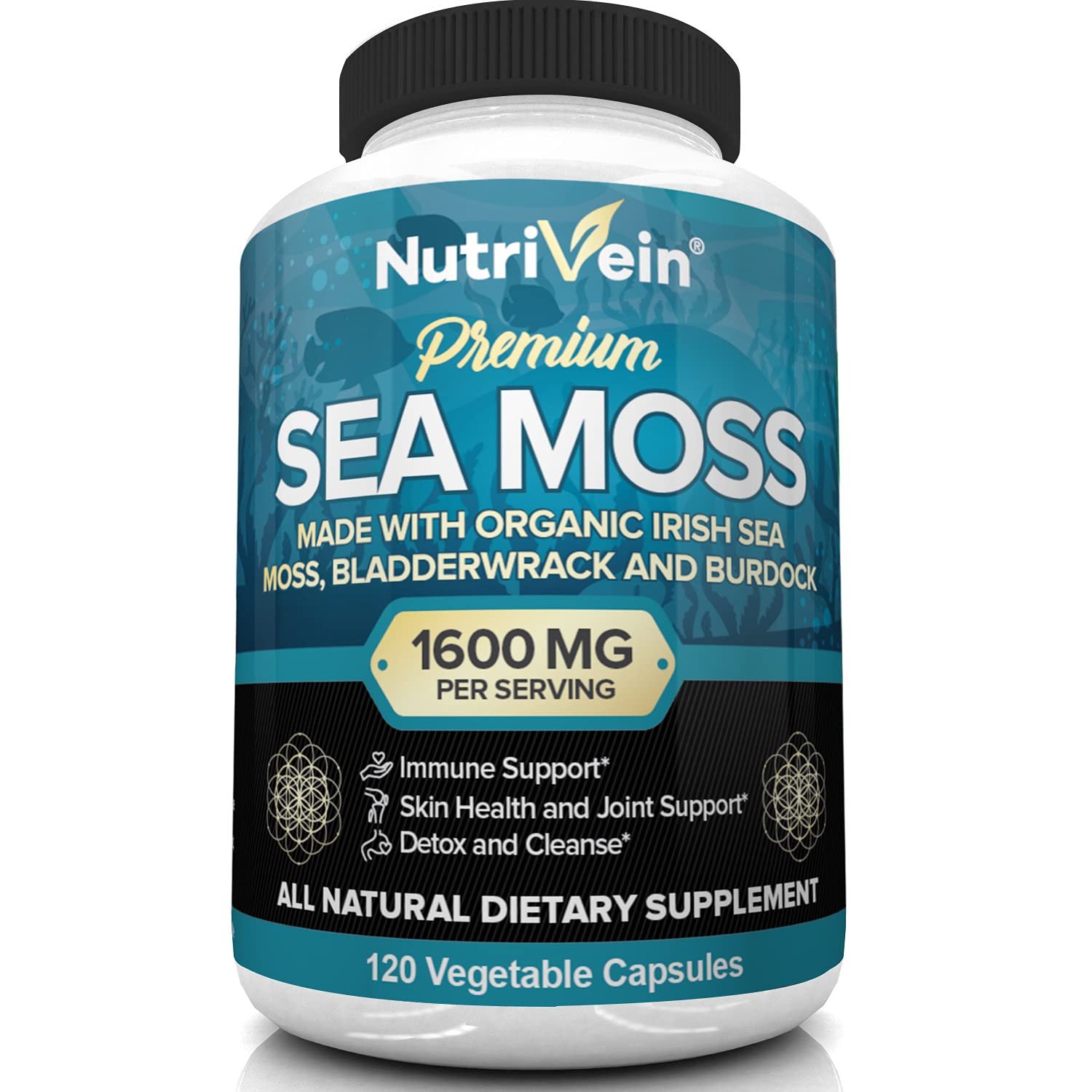 Nutrivein Organic Sea Moss 1600mg Plus Bladderwrack & Burdock - 120 Capsules - Prebiotic Super Food 