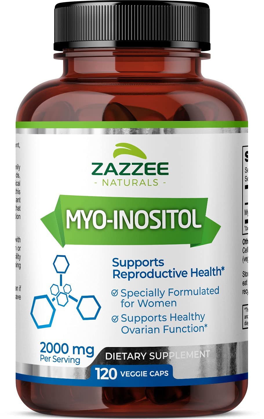 Zazzee Myo-Inositol 120 Vegan Capsules, 2000 mg per Serving, 100% Pure, Premium Grade, Vegan, Non-GM