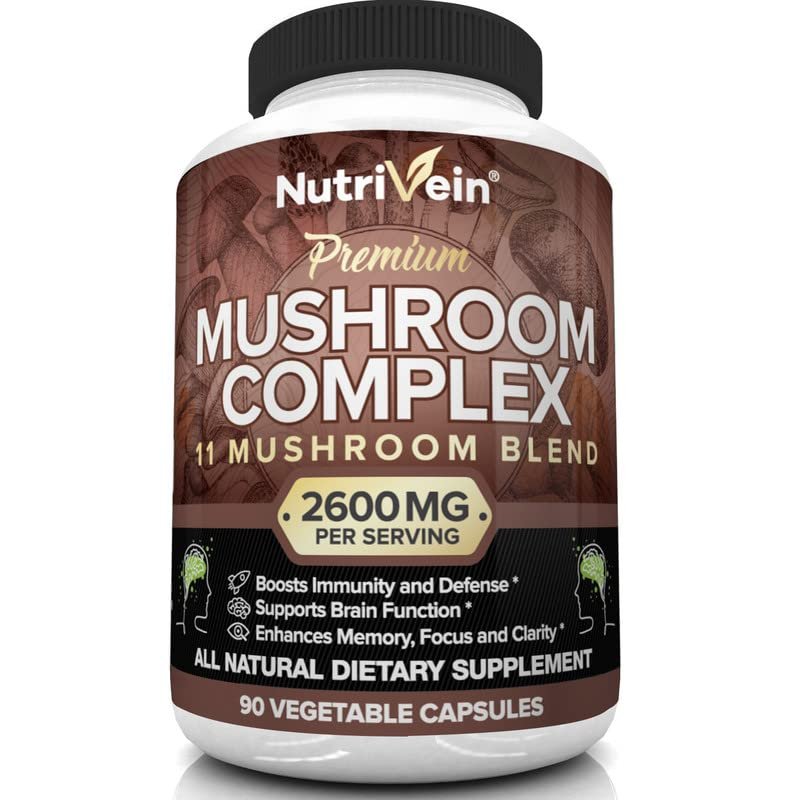 Nutrivein Mushroom Supplement - 2600mg - 90 Capsules - 11 Organic Mushrooms - Lions Mane, Cordyceps,