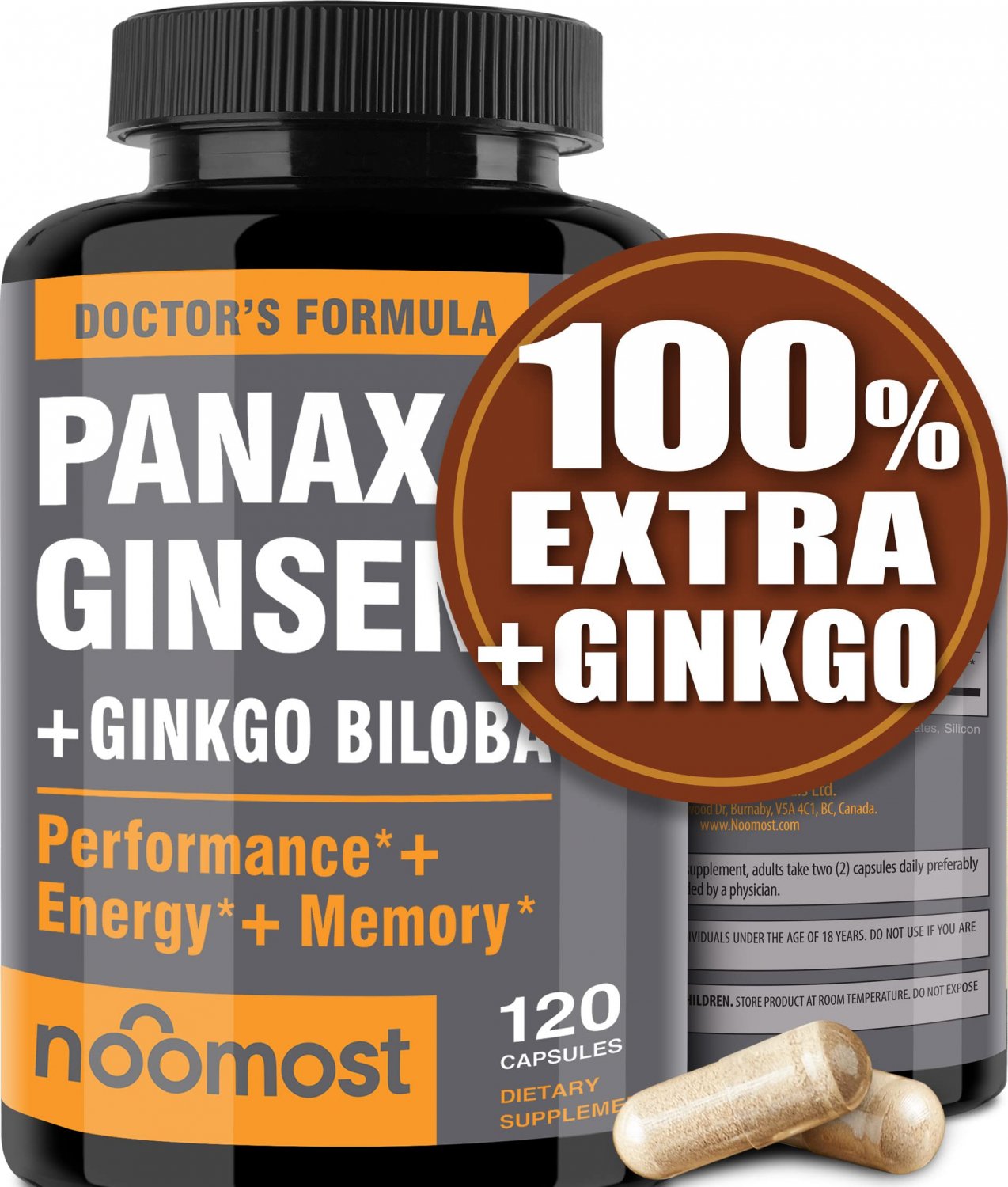 Authentic Korean Red Panax Ginseng + Ginkgo Biloba, 120 Vegan Capsules, Ginseng Root Extract Powder 