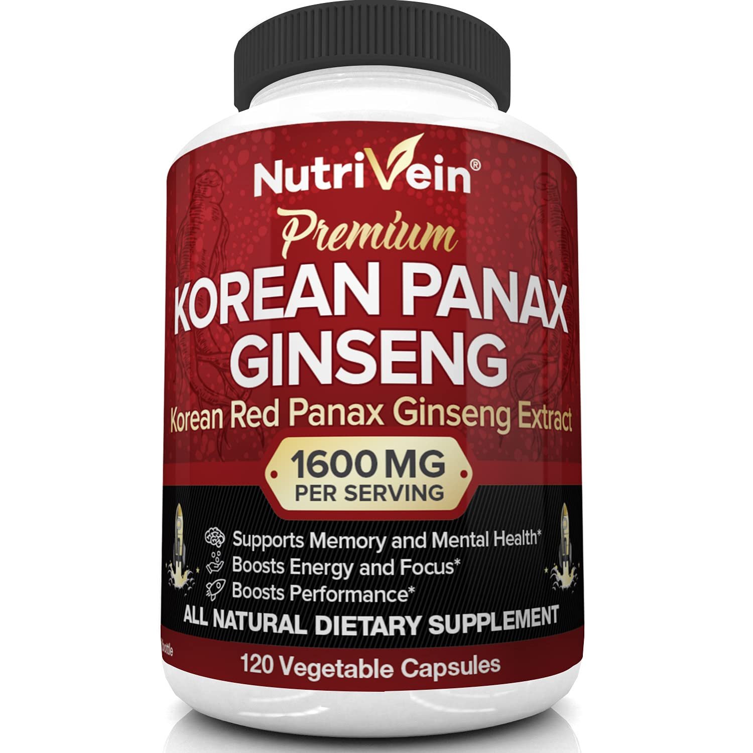 Nutrivein Pure Korean Red Panax Ginseng 1600mg - 120 Vegan Capsules - High Strength 5% Ginsenosides 
