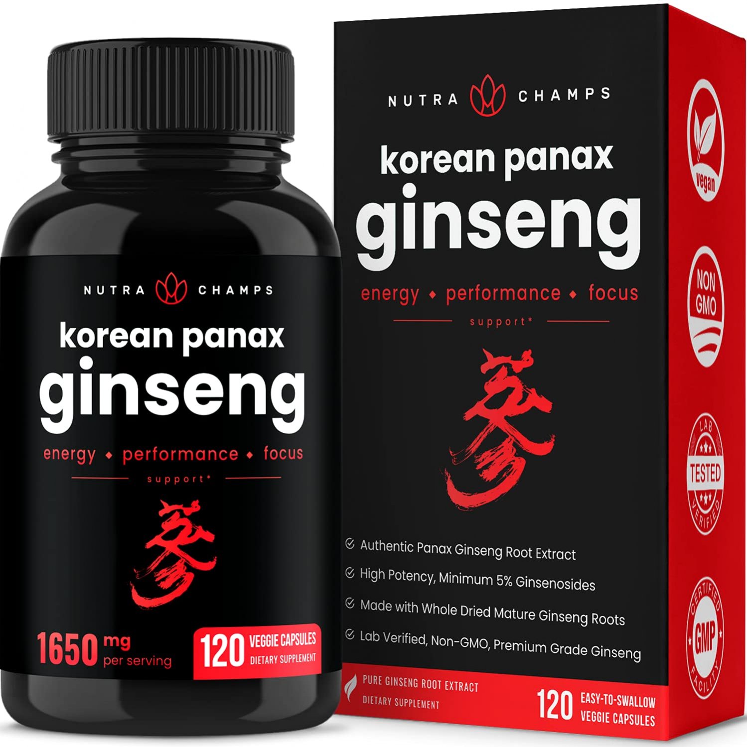 NutraChamps Korean Red Panax Ginseng - 120 Vegan Capsules Extra Strength Root Extract Powder Supplem
