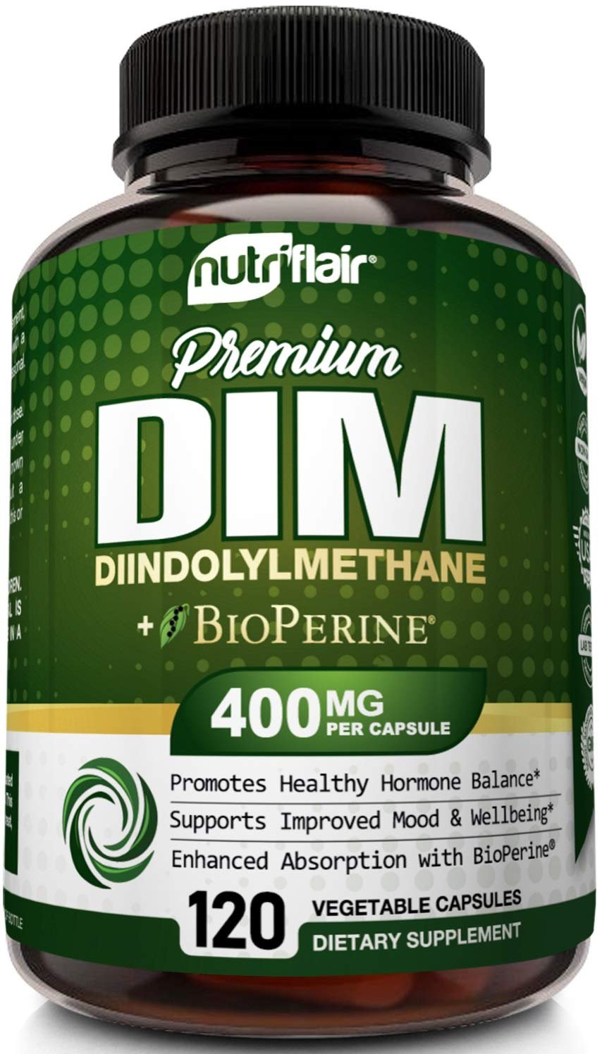 NutriFlair DIM Supplement 400mg with Bioperine, 120 Capsules - Diindolylmethane - Estrogen Metabolis