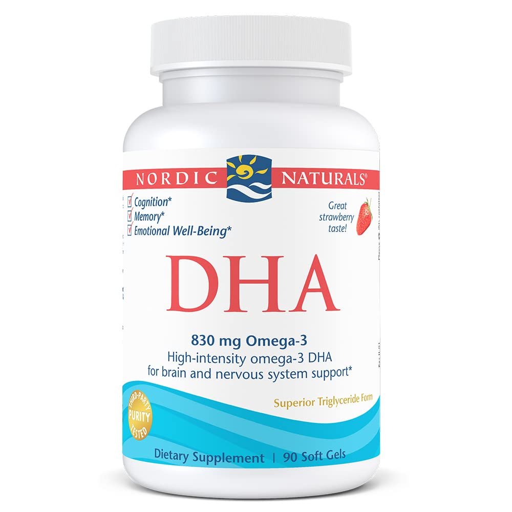 Nordic Naturals DHA, Strawberry - 90 Soft Gels - 830 mg Omega-3 - High-Intensity DHA Formula for Bra