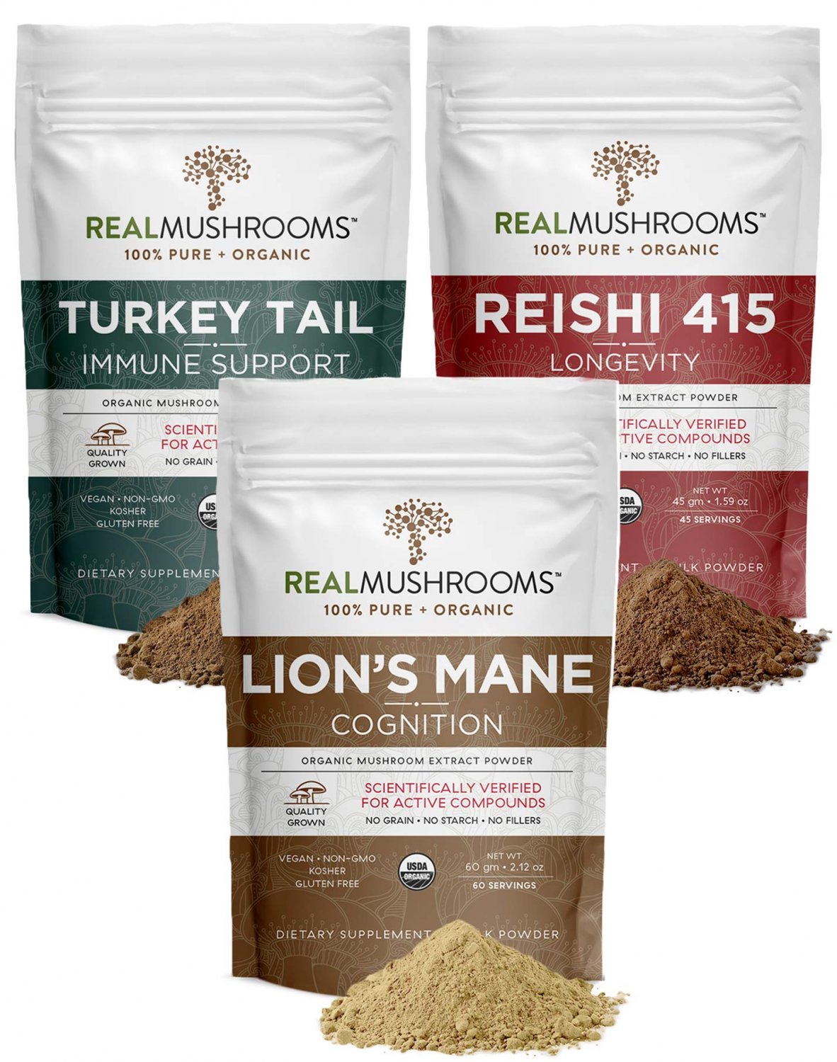Real Mushrooms Cognition, Longevity, & Immune Support Bundle - Lion&acirc;��s Mane Extract Powder (60g) | 