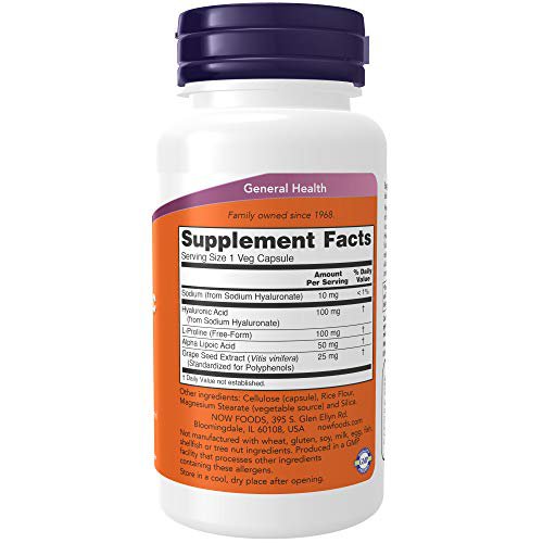 NOW Supplements, Hyaluronic Acid 100 mg, Double Strength with L-Proline, Alpha Lipoic Acid and Grape