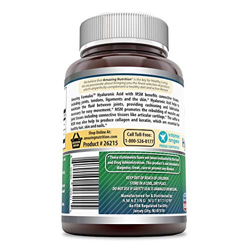 Amazing Formulas Hyaluronic Acid & MSM Dietary Supplement-500 Milligrams-120 Capsules (Non-GMO,Glute