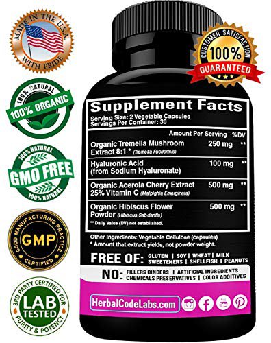 Natural Hyaluronic Acid Supplement 5X Stronger Hydration Pills from Pure Tremella Mushroom with Vita