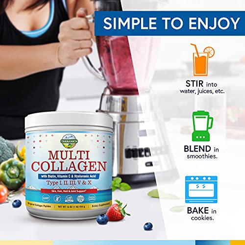Multi Collagen Powder Type I II III V X with Biotin Vitamin C Hyaluronic Acid, Paleo & Keto Friendly