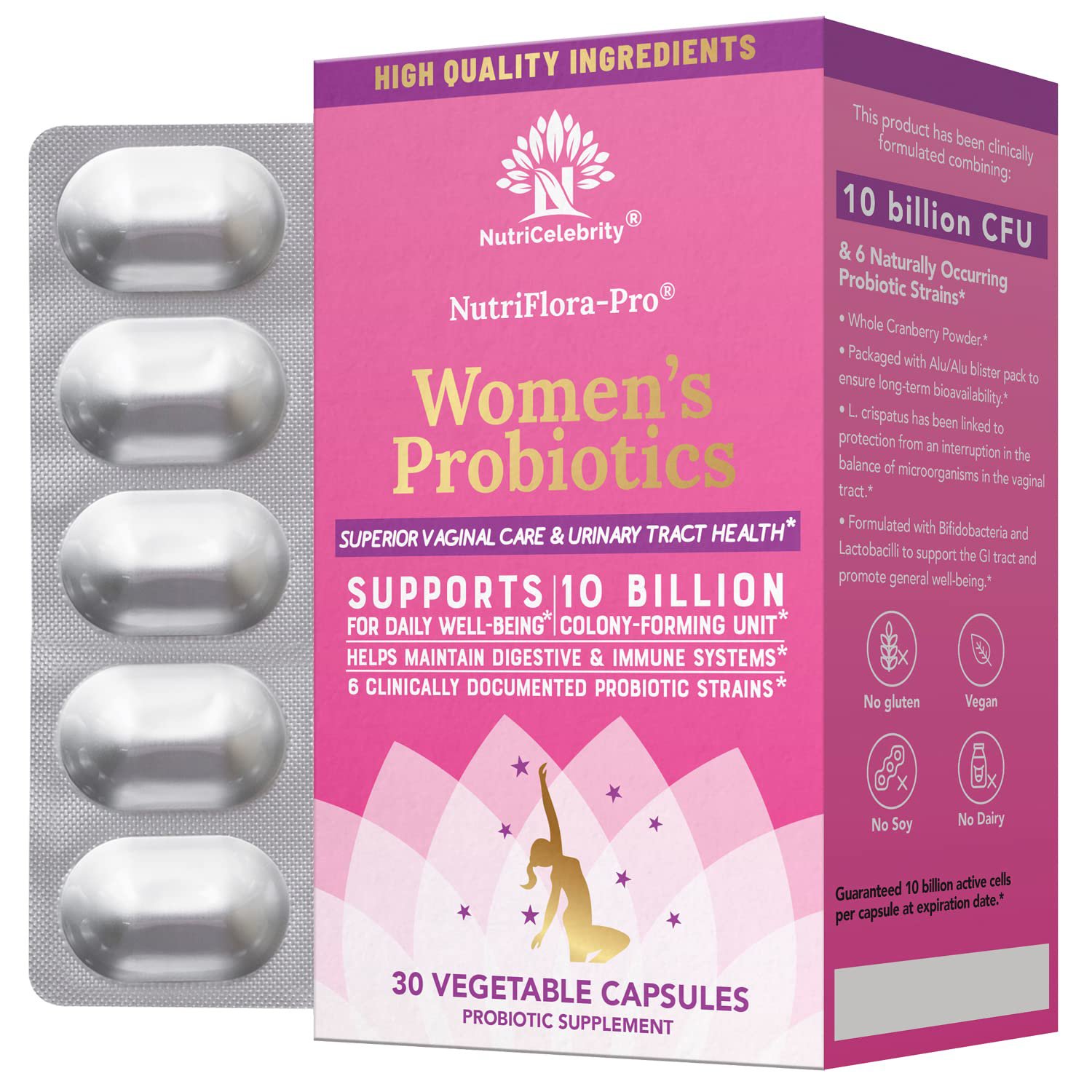 NutriCelebrity NutriFlora-Pro Probiotics for Women - Support Vaginal, Urinary Health, Immune System 