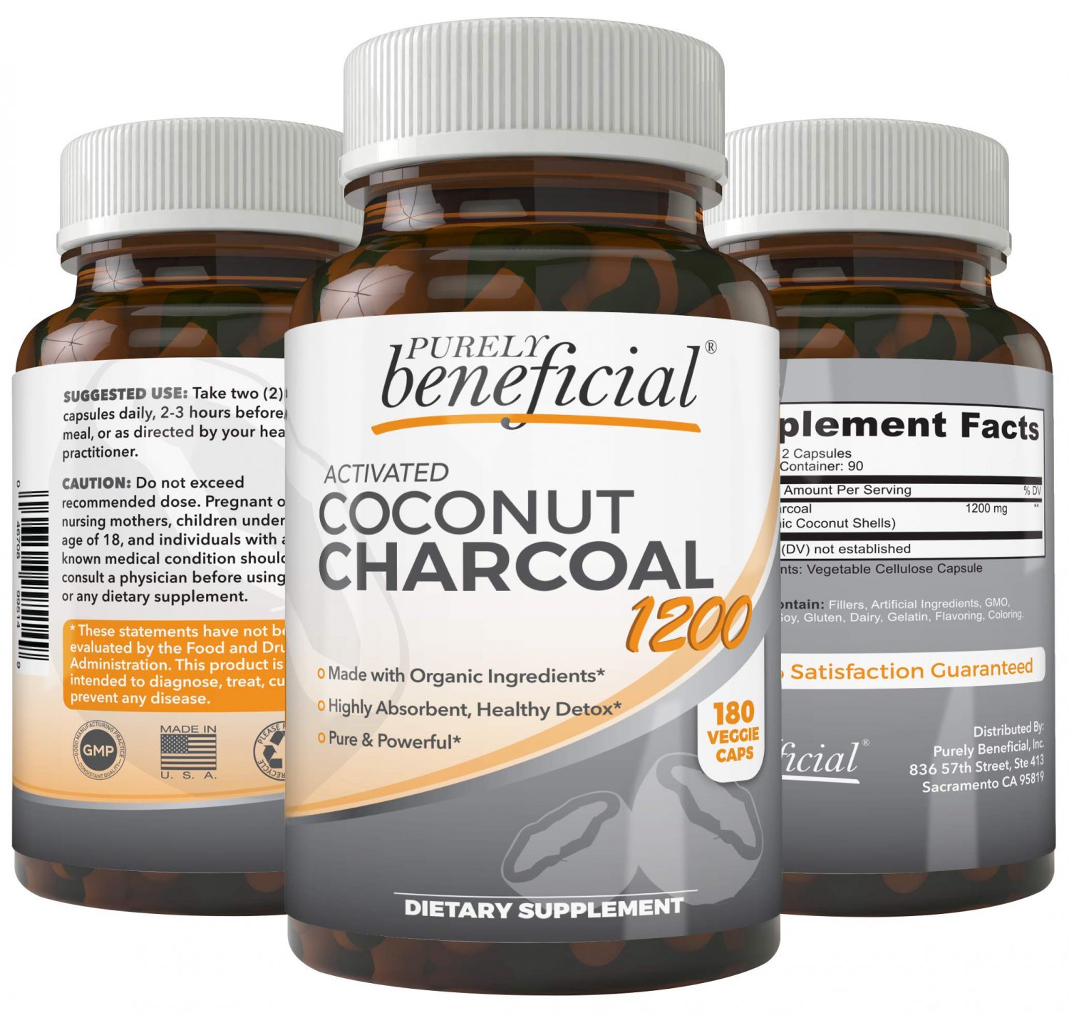 Activated Coconut Charcoal 1200mg, 180 Capsules - Pills for Digestive System, Bloating, Detoxificati