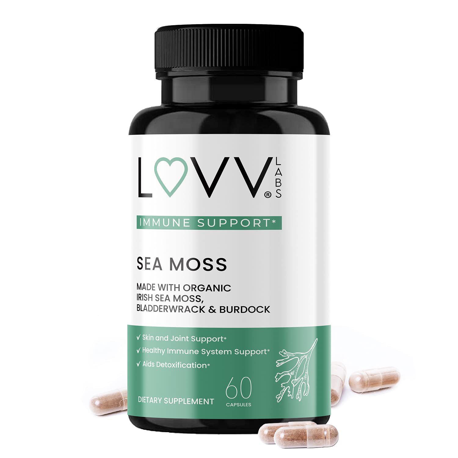 Organic Irish Sea Moss with Bladderwrack and Burdock Root Capsules, Sea Moss Supplement for Skin and