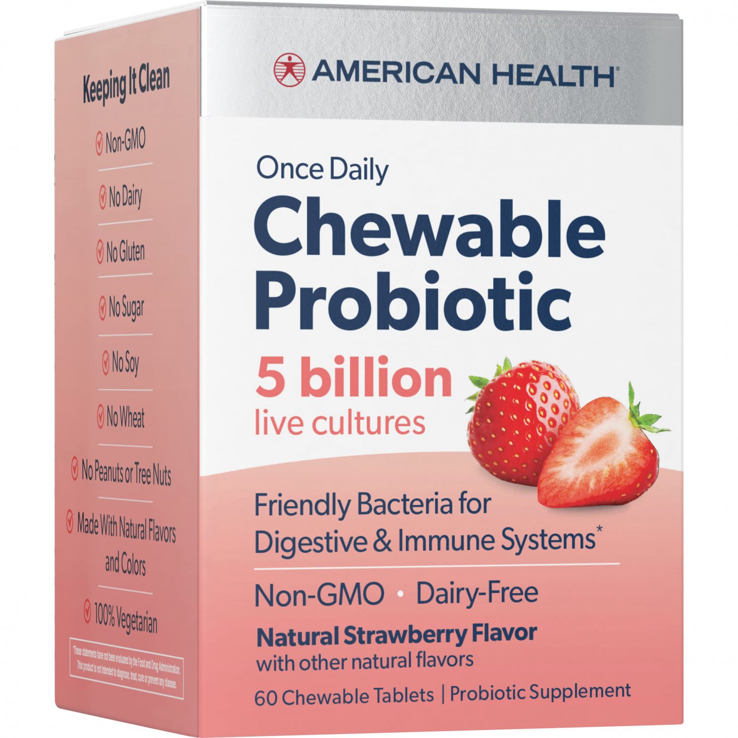 American Health Probiotic Chewable, Strawberry Tablet - 5 Billion Live Cultures, Beneficial Bacteria