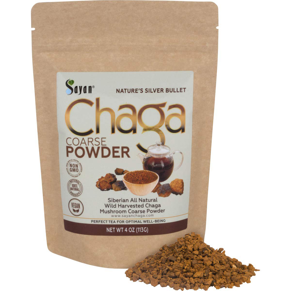 Sayan Siberian Raw Coarse Chaga Powder 4 Oz (113g) - Wild Forest Mushroom Tea, Powerful Adaptogen An
