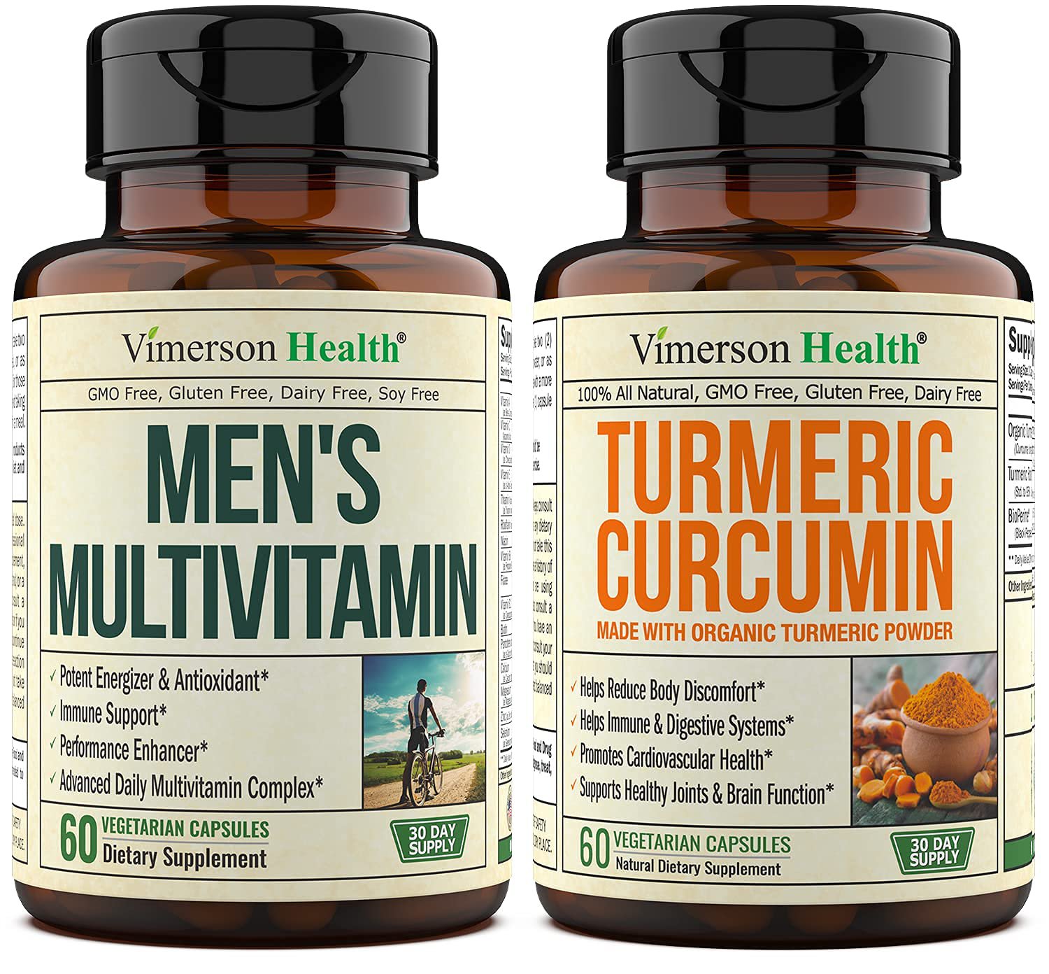 Vimerson Health Men's Multivitamin + Organic Turmeric with BioPerine Bundle. Immune and Digestive Sy