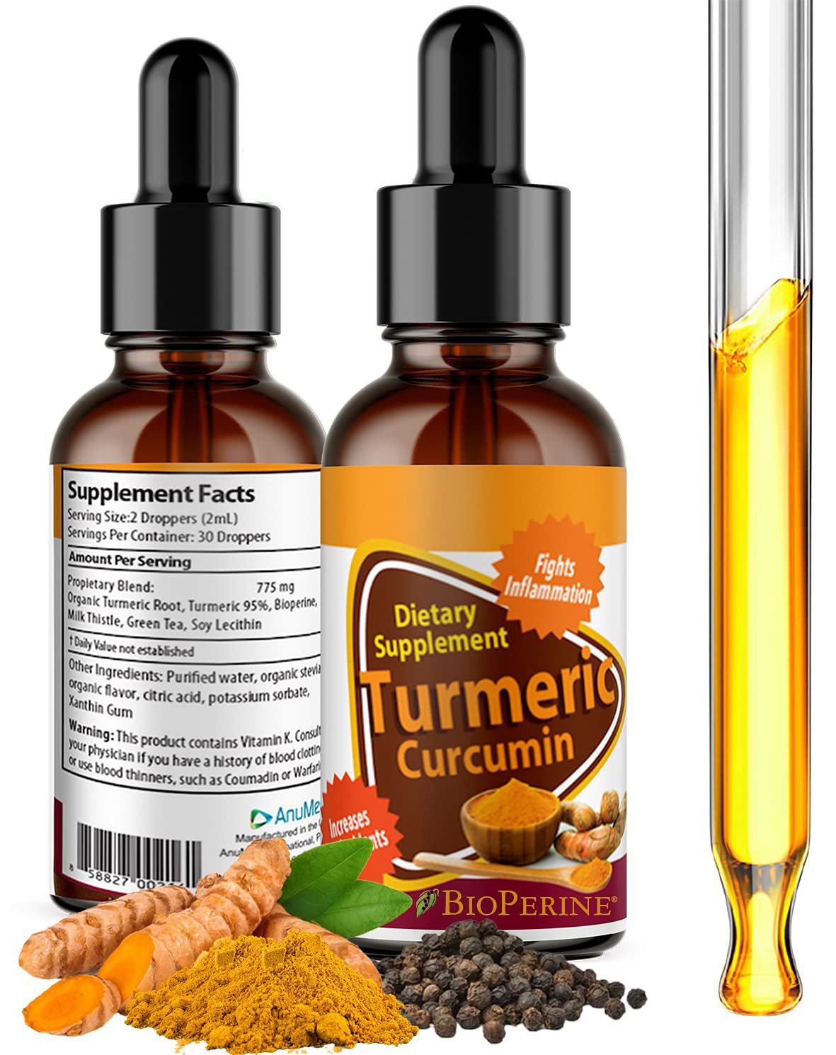 ANUMED - Organic Turmeric Curcumin Liquid Drops 775mg with Bioperine (Black Pepper Extract), Promote
